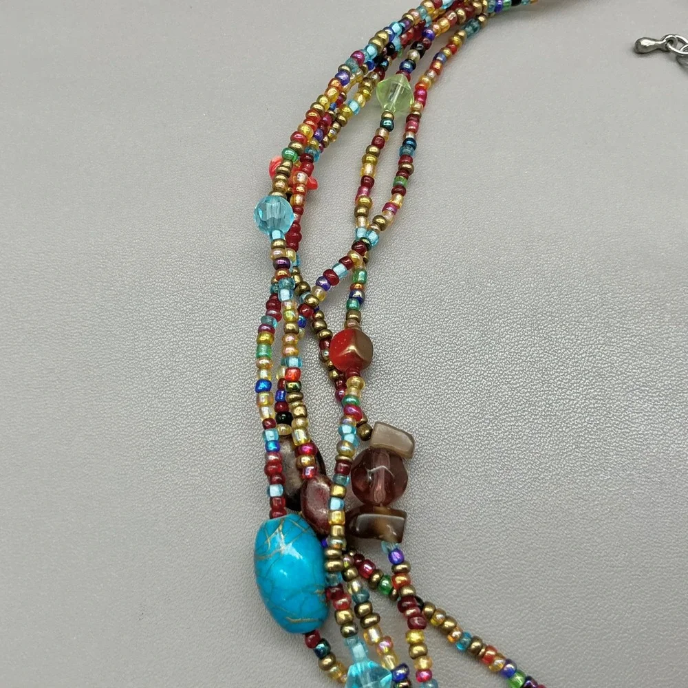 Necklace Multicolor Seed Bead Multi Strand Art Glass Round Pendant Statement